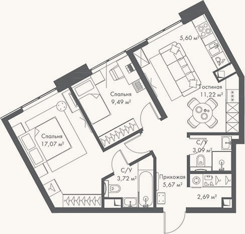 Планировка: 3-к, 58,6 м²