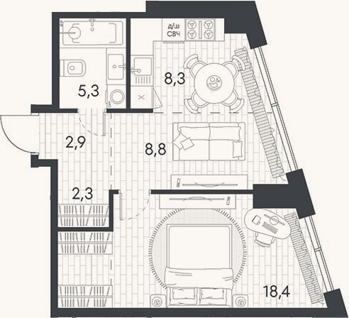 Планировка: 2-к, 46 м²