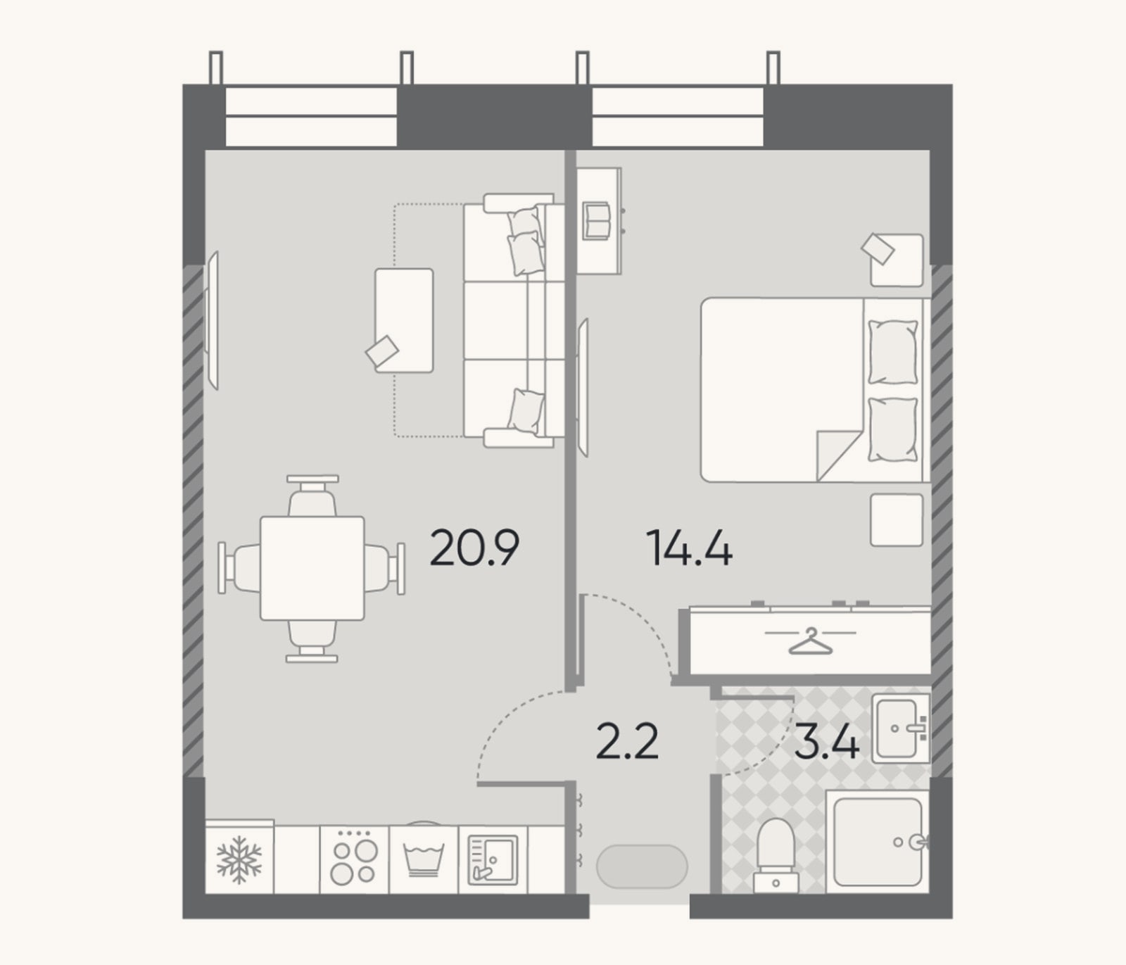 Планировка: 2-к, 40,9 м²