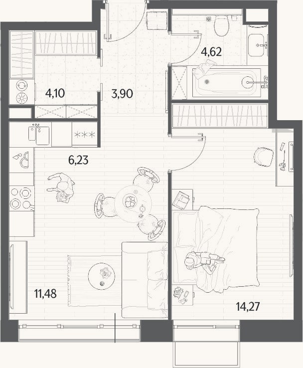 Планировка: 2-к, 44,6 м²