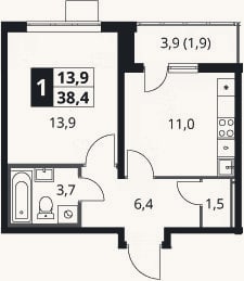 Планировка: 1-к, 36,5 м²