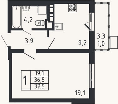 Планировка: 1-к, 36,5 м²