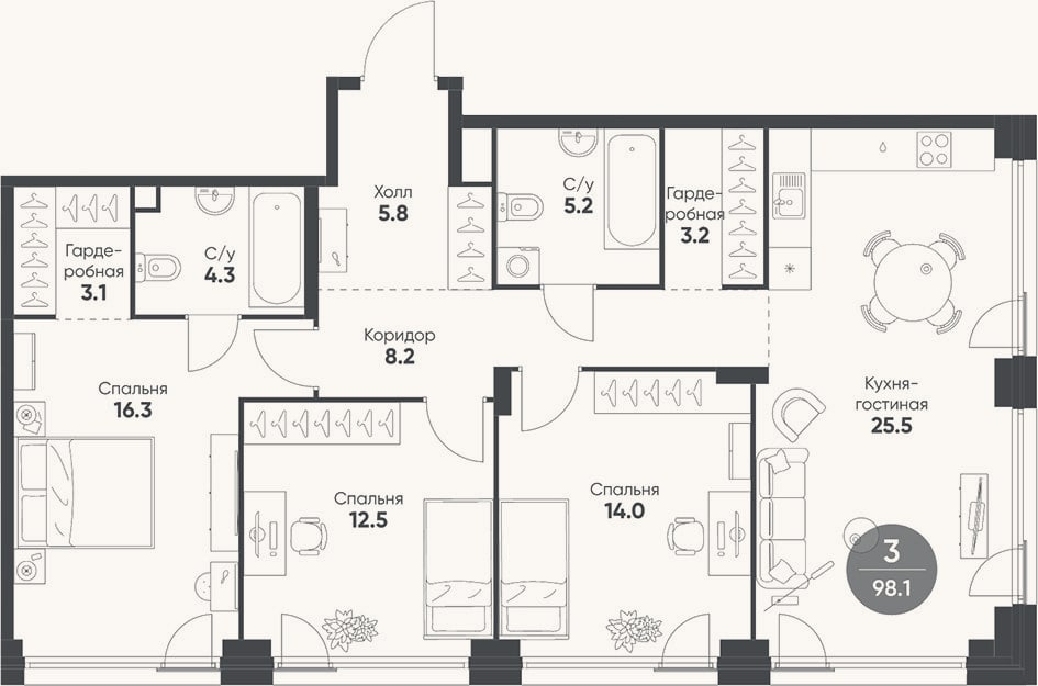 Планировка: 4+ к, 98,1 м²