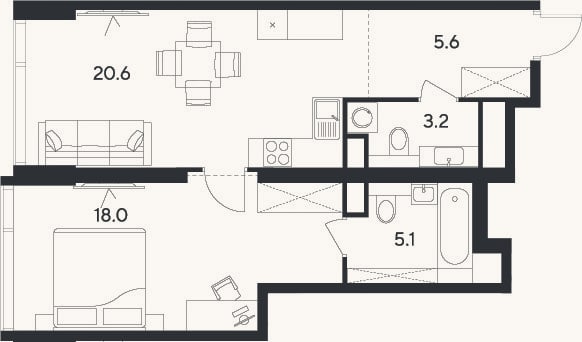 Планировка: 2-к, 52,5 м²