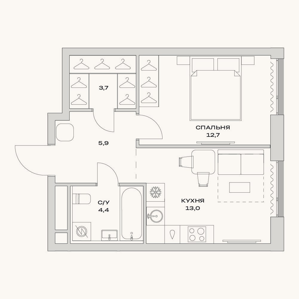 Планировка: 1-к, 39,7 м²