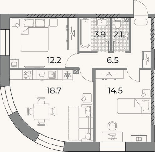 Планировка: 3-к, 57,9 м²