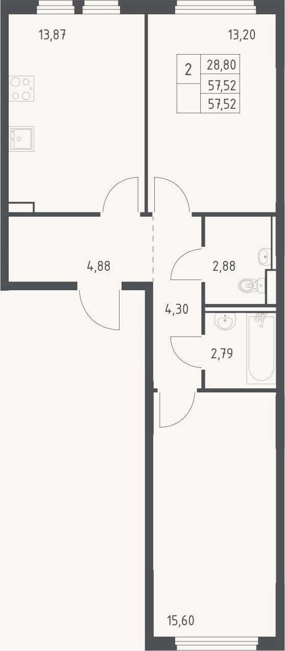 Планировка: 2-к, 57,5 м²