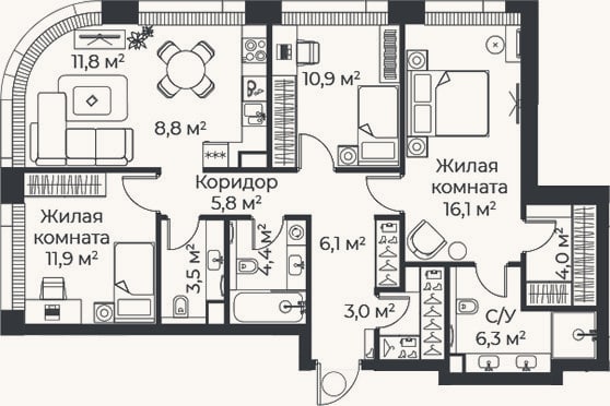Планировка: 4+ к, 92,6 м²