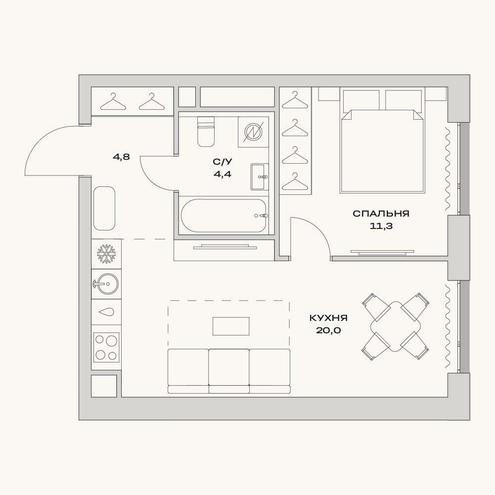 Планировка: 2-к, 45 м²