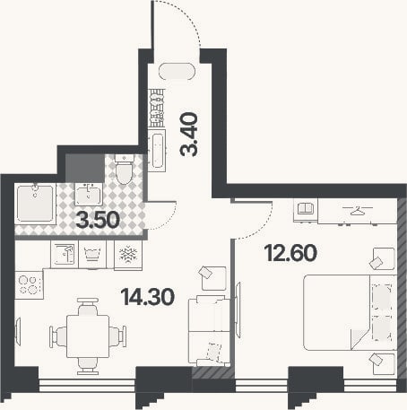 Планировка: 2-к, 33,8 м²