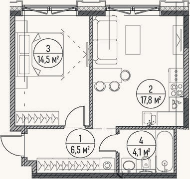 Планировка: 2-к, 42,9 м²