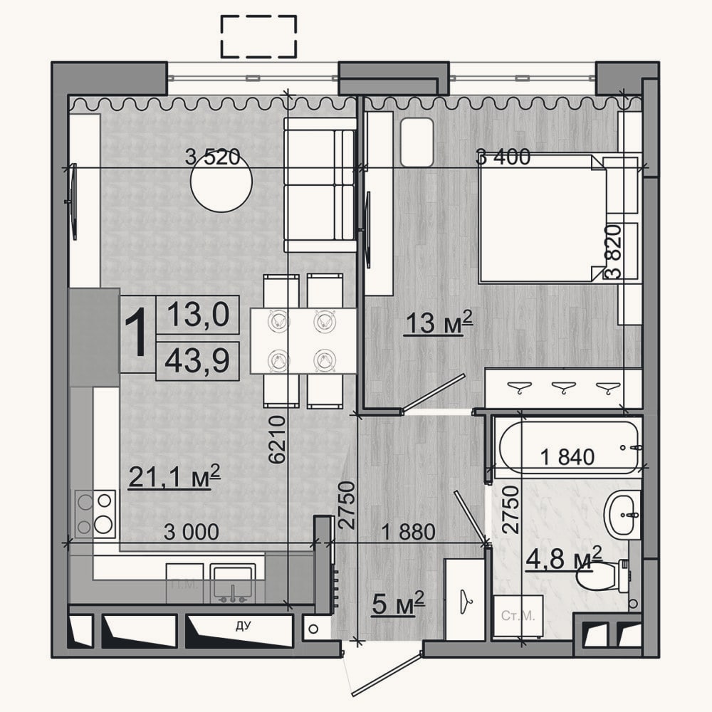 Планировка: 2-к, 43,9 м²