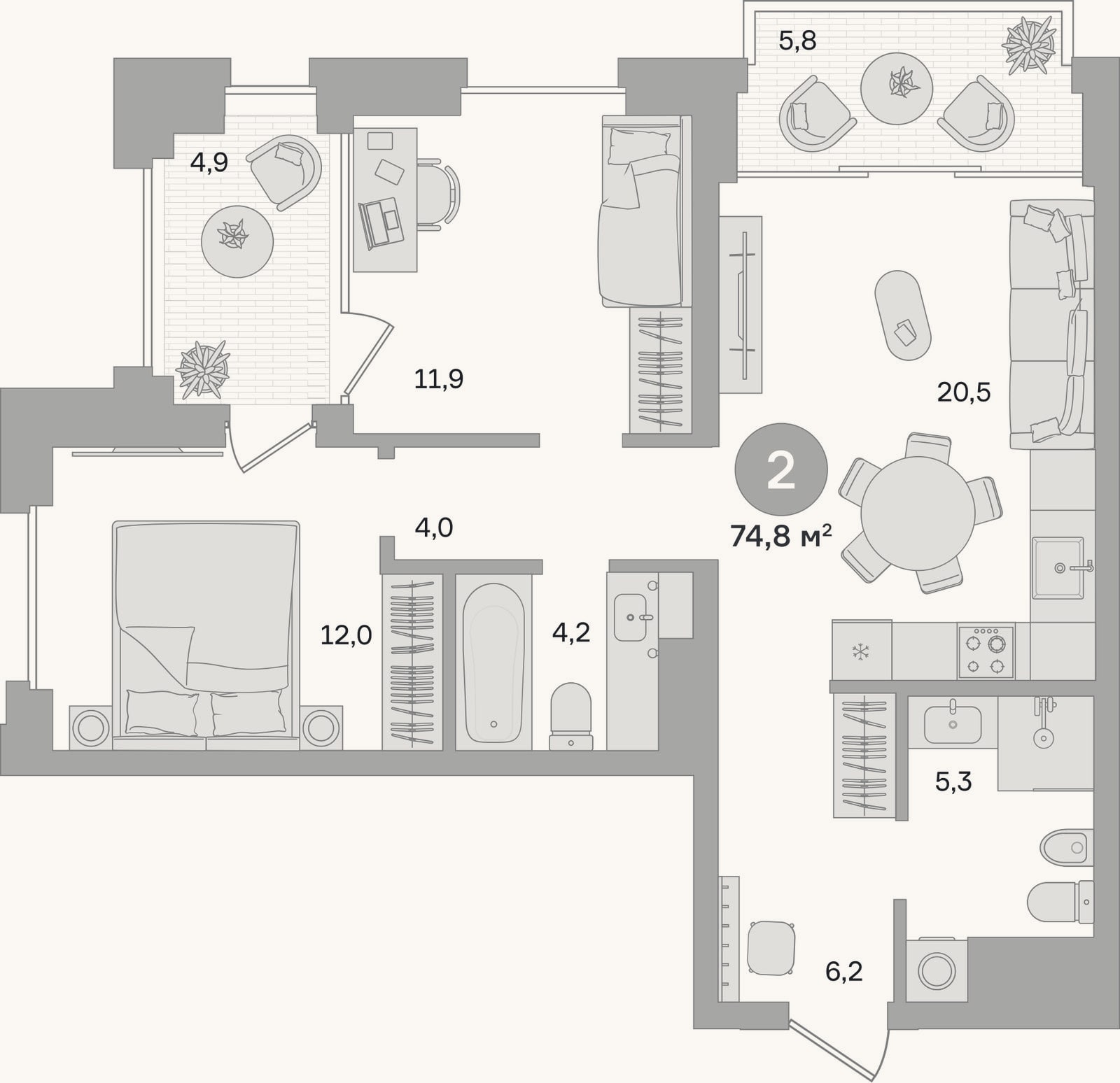 Планировка: 2-к, 64,1 м²
