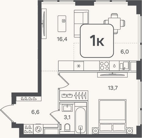Планировка: 2-к, 45,8 м²