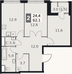Планировка: 2-к, 59,4 м²