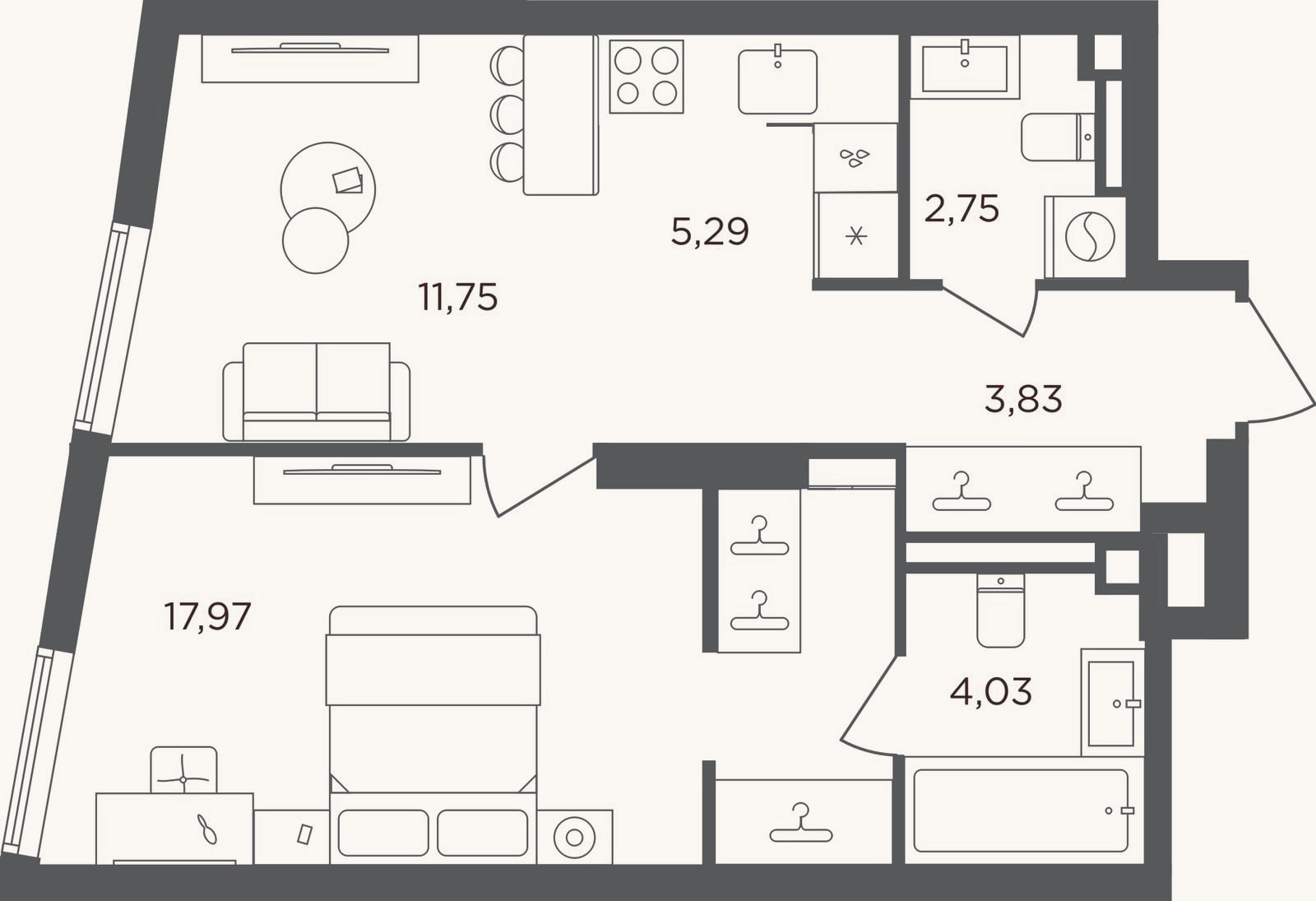 Планировка: 2-к, 45,6 м²