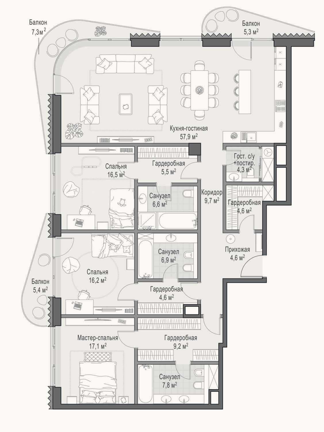 Планировка: 3-к, 171,6 м²