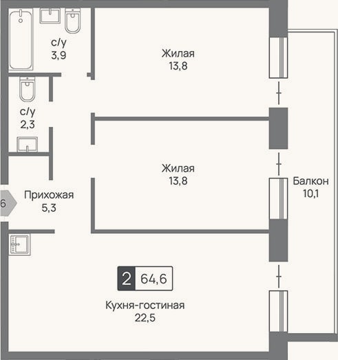 Планировка: 3-к, 61,6 м²
