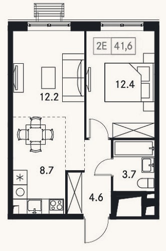 Планировка: 2-к, 41,6 м²