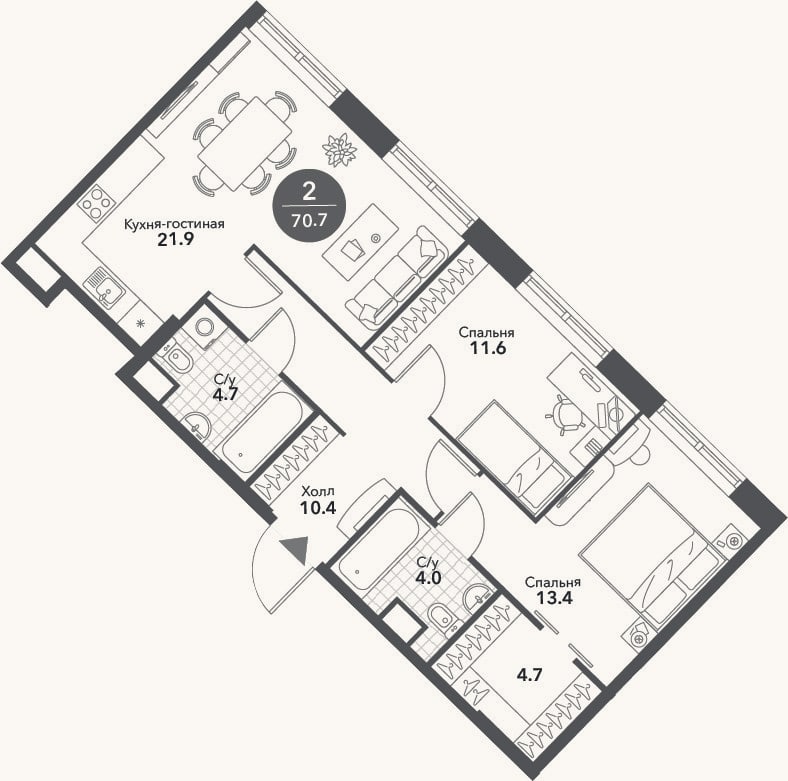 Планировка: 3-к, 70,7 м²