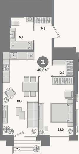 Планировка: 1-к, 47 м²