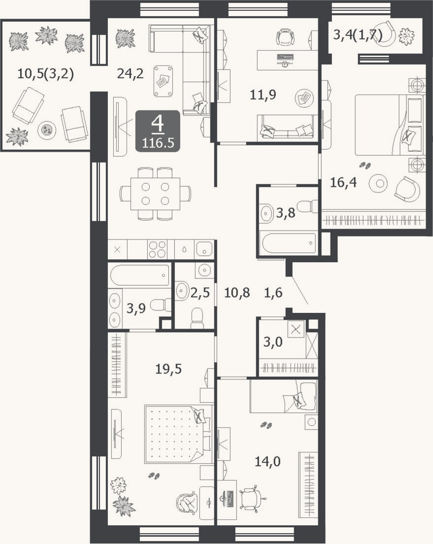 Планировка: 4+ к, 111,6 м²
