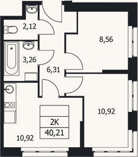 Планировка: 2-к, 40,2 м²