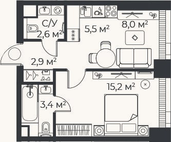 Планировка: 2-к, 37,6 м²