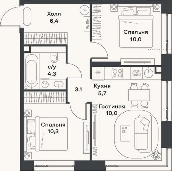 Планировка: 3-к, 49,8 м²
