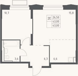 Планировка: 2-к, 43 м²