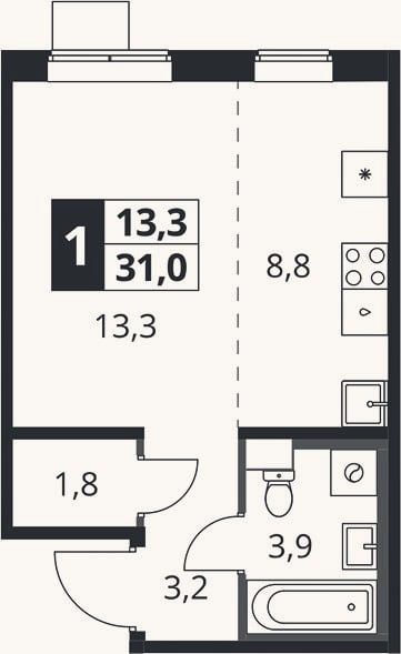 Планировка: Студия, 31 м²
