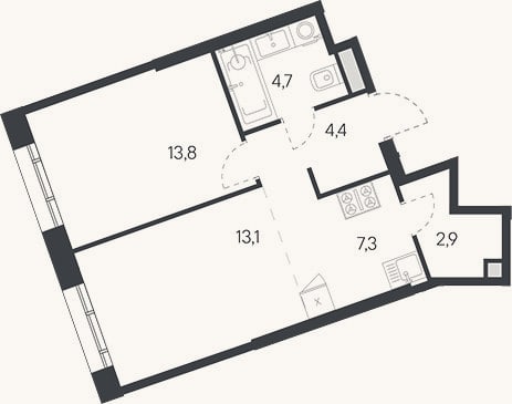 Планировка: 2-к, 46,2 м²