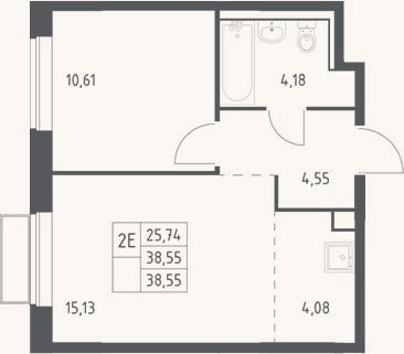 Планировка: 2-к, 38,6 м²