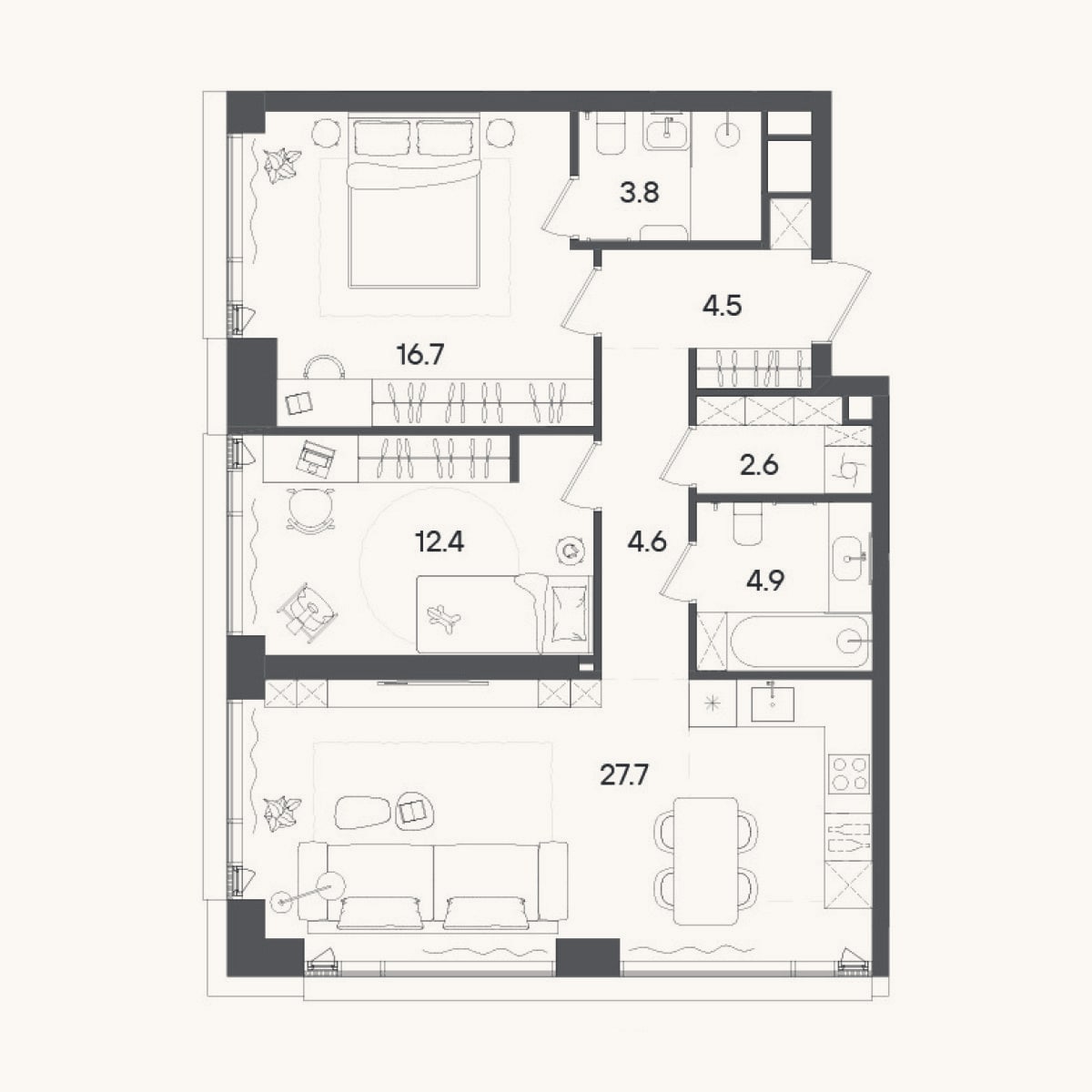 Планировка: 3-к, 77,2 м²