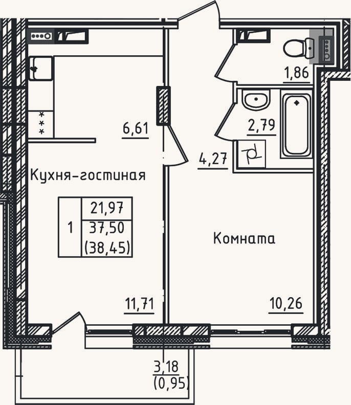 Планировка: 2-к, 37,5 м²