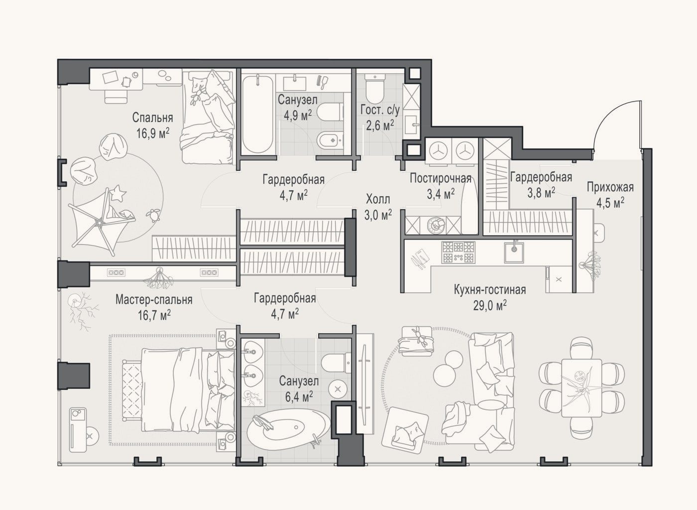 Планировка: 3-к, 101,4 м²