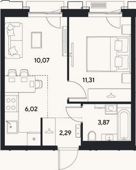 Планировка: 2-к, 33,6 м²