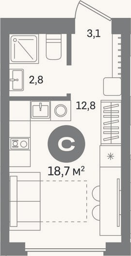 Планировка: Студия, 18,7 м²