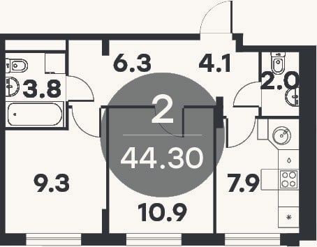 Планировка: 2-к, 44,5 м²