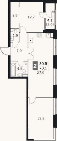 Планировка: 2-к, 74,9 м²