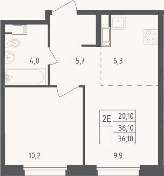 Планировка: 2-к, 36,1 м²