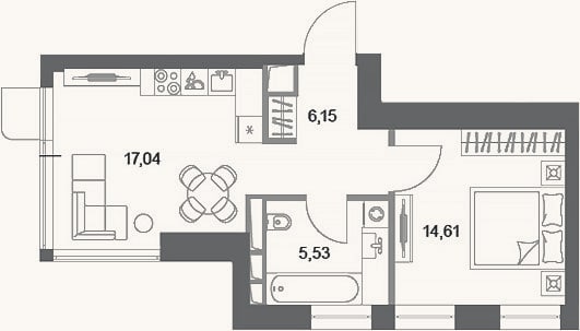 Планировка: 1-к, 43,3 м²