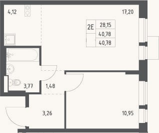 Планировка: 2-к, 40,8 м²