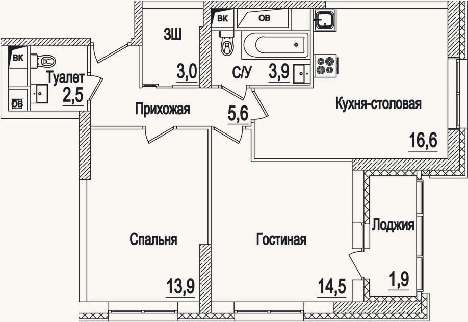 Планировка: 3-к, 60 м²