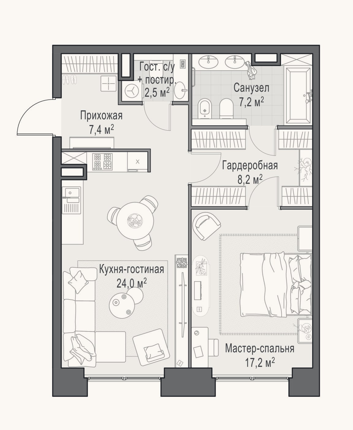 Планировка: 2-к, 67,1 м²