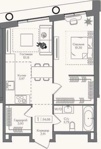 Планировка: 2-к, 54,1 м²
