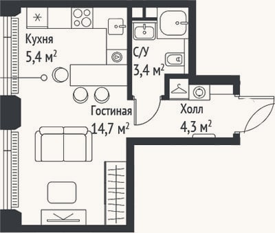 Планировка: Студия, 27,7 м²