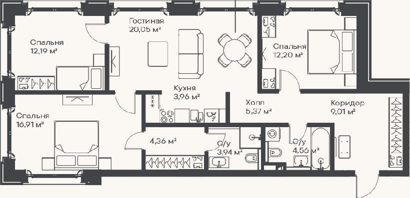 Планировка: 4+ к, 92,6 м²