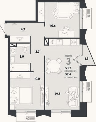 Планировка: 3-к, 52,4 м²
