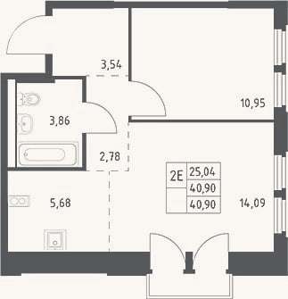 Планировка: 2-к, 40,9 м²